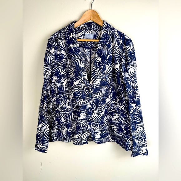 Pure Collection 100% Linen Blazer US 14/16 Blue Cream Palm Leaf Print Vacation - Picture 1 of 13